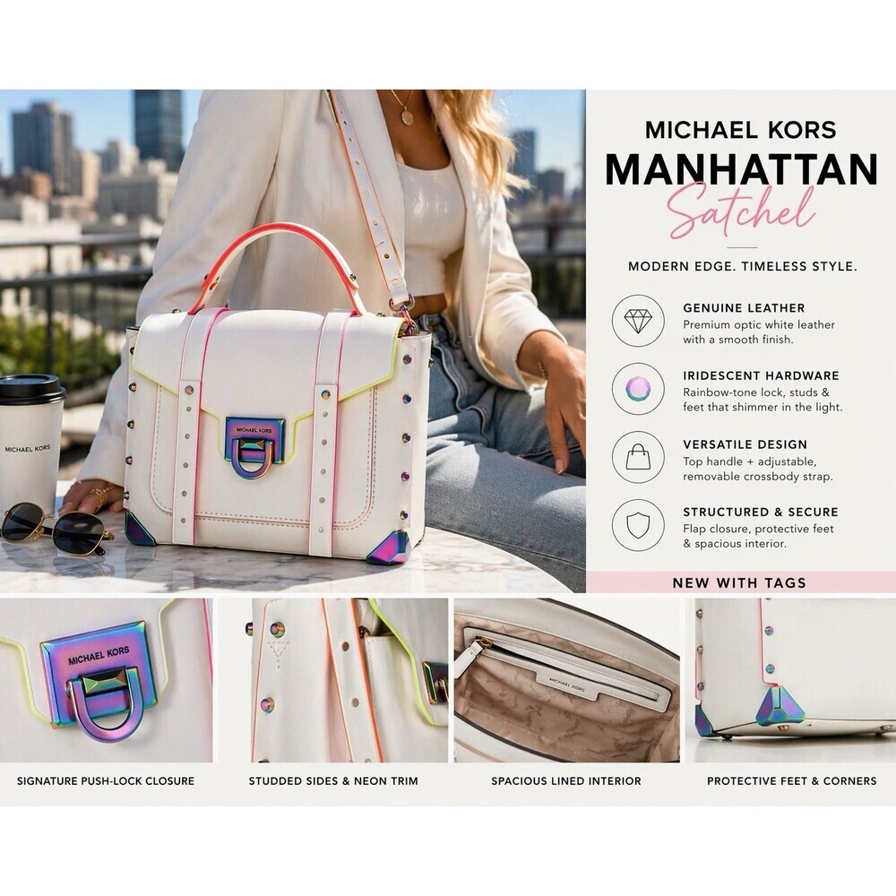 Michael Kors Manhattan Satchel Optic White Rainbow Stud Leather Bag